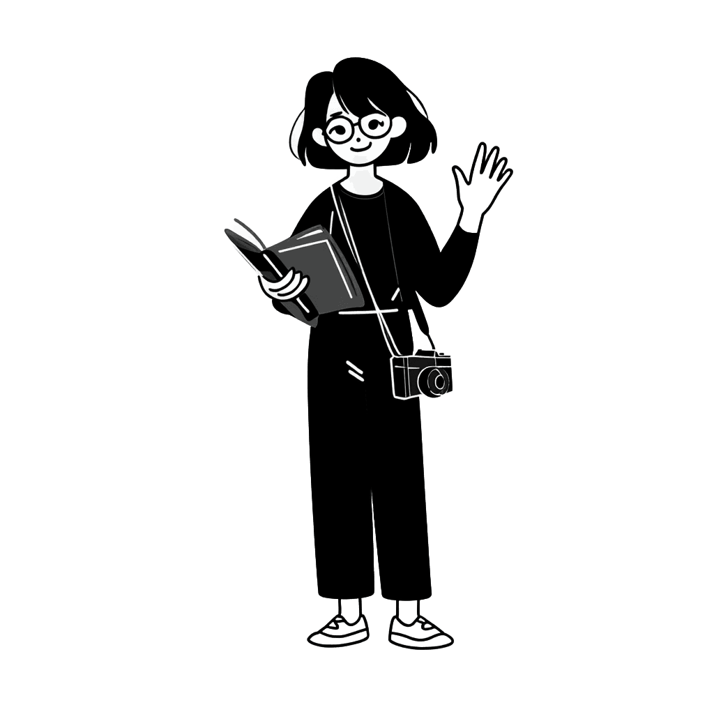 Illustration of Aleksandra holding a book and camera